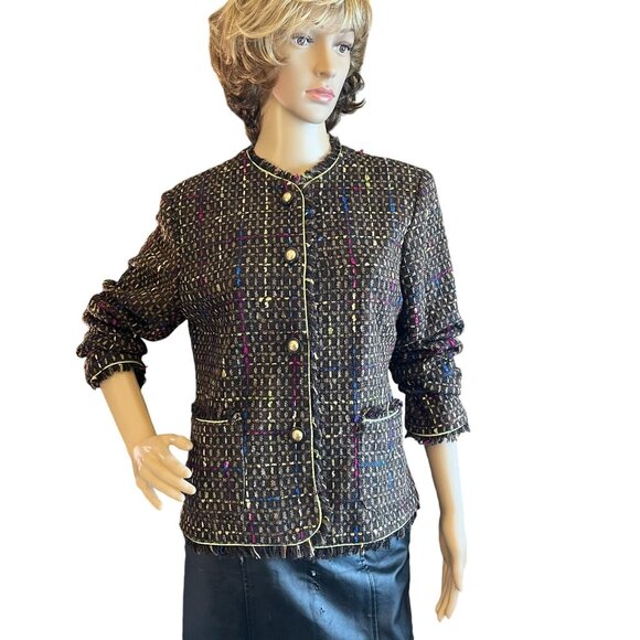 Patti and Leo Womens Jacket Sz M Checked Brown Multi-Color Fringed for Two Bits - Picture 1 of 10
